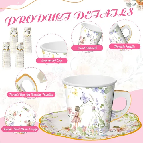 Vista 3 de Umigy 60 juegos de decoraciones para fiestas de té, 6.5 onzas, tazas de té de papel floral de hadas con asa y platos, juegos de tazas de té y Azul