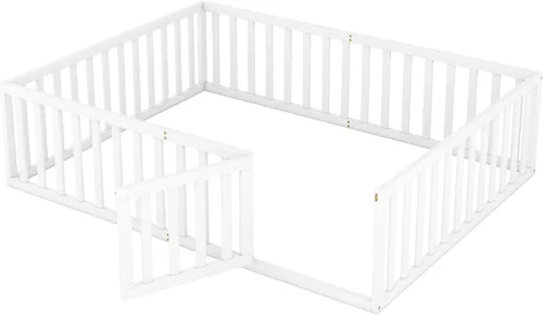 Vista 9 de Harper & Bright Designs Cama de suelo Queen con rieles, marco de cama de piso de madera con valla y puerta, para niños y niñas (blanco)