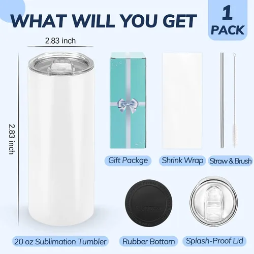 Vista 2 de D·S 1 Paquete Vasos Tumbler de Sublimación 20 oz Delgados Rectos Fondo Plano en Blanco con Caja de Regalo Individual para Transferencia de Calor