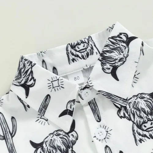 Vista 4 de Conjunto de ropa de verano para bebé, con estampado de vaca, con botones, pantalones cortos de mezclilla, traje de vaquero occidental