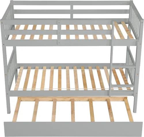 Vista 7 de HOUAGI Litera individual sobre cama individual con nido, litera de madera maciza con barandilla de seguridad y escalera, color gris