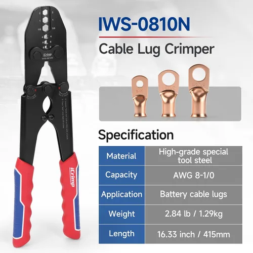 Vista 2 de Herramienta de engarzado de lengüetas de cable de batería iCrimp para lengüetas de cobre AWG 8-1/0, extremos de alambre resistentes