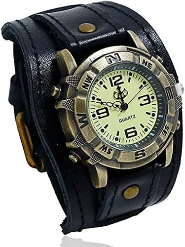 Vista 2 de Pulsera de reloj retro punk de cuero genuino para hombre, estilo hip hop, versátil