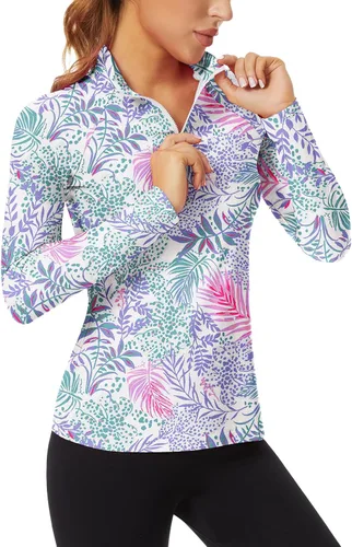 Vista 15 de WOWENY - Camiseta de manga larga con cremallera de 1/4 para mujer, con cuello, para hacer deporte, con estampado, para tenis Hoja multicolor.
