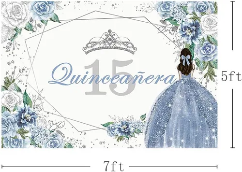 Vista 3 de MEHOFOND Telón de fondo de quinceañera con 15 letras para fiesta de niñas de 15 años con texto en inglés «Sweet 15 Quince años», fondo floral azul