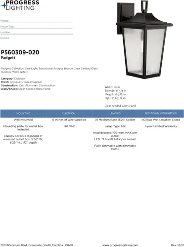 Vista 12 de Progress Lighting Padgett Collection - Farol de pared costero de transición para exteriores de bronce antiguo con pantalla de vidrio transparente