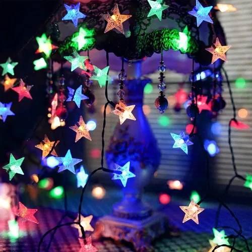 Vista 6 de 50 pies 120 LED luces de cuerda solares de hadas para exteriores, impermeables, luces decorativas de estrella centelleante para jardín, poste