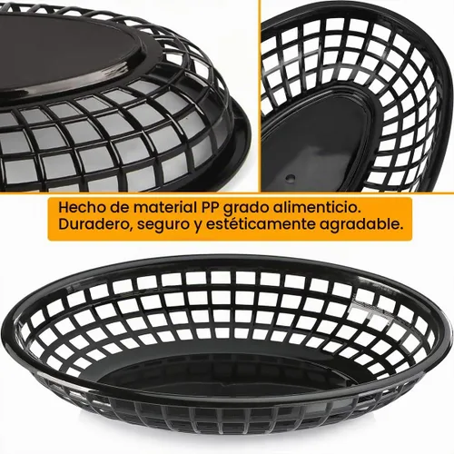 Vista 4 de Paquete de 50 cestas de plástico negro para alimentos de 9 x 5.7 pulgadas, ovaladas para freír comida rápida, cestas de plástico para perros