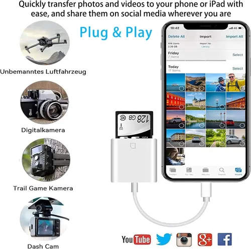 Vista 3 de USB C SD Card Reader, USB 3.0 Memory Card Adapter, White transfer photos and videos from SD cards to USB-C phones, tablets and laptops; compact