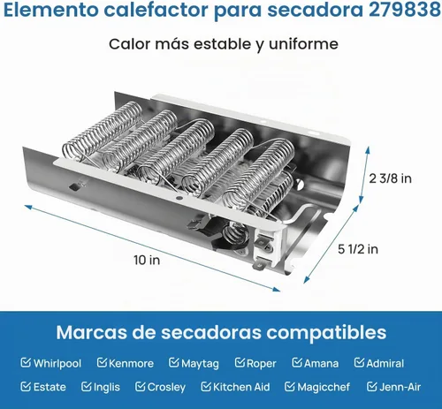 Vista 3 de 279838 WED4815EW1 3403585 W10724237 Elemento calefactor apto para secadora Whirlpool Amana Elemento calefactor apto para kenmore 70 80 Serie