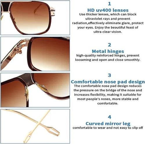 Vista 6 de Street Knitted Gafas de sol cuadradas clásicas de gran tamaño con tinte marrón vintage para hombre, lentes de sol grandes piloto con estilo retro