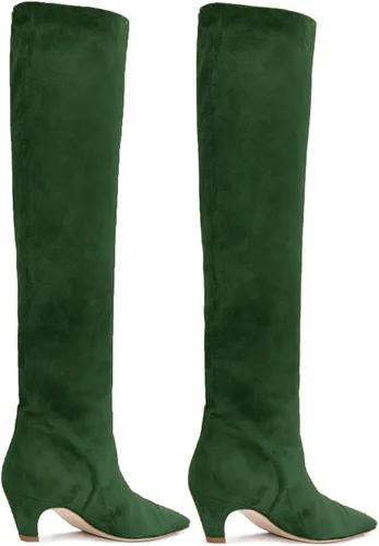 Vista 6 de MOOMMO Botas altas de tacón de gatito sobre la rodilla para mujer, punta cuadrada, de cuero mate, de meter de pantorrilla ancha, plisadas, tacón