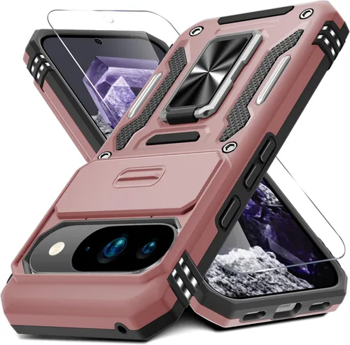 Vista 11 de DEERLAMN Funda para Google Pixel 8 con cubierta deslizante para cámara + protector de pantalla (1 paquete), soporte de anillo giratorio grado