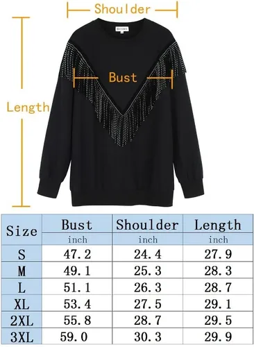 Vista 6 de PESION Sudadera de gran tamaño para mujer, cuello redondo, manga larga, ribete de flecos, suéter