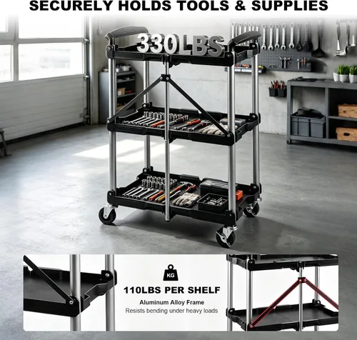 Vista 4 de BIG RED Folding Collapsible Service Cart, 3-Tier Utility Foldable Tool Cart