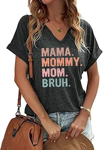 Vista 2 de Camiseta de manga corta con cuello en V para mujer, camiseta divertida para mamá
