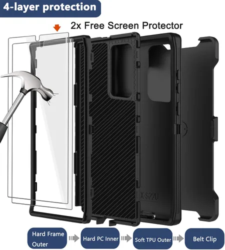 Vista 3 de Funda para Samsung Galaxy S22 Ultra con funda de clip para cinturón, 2 protectores de pantalla, protección de grado militar resistente, cuerpo Negro