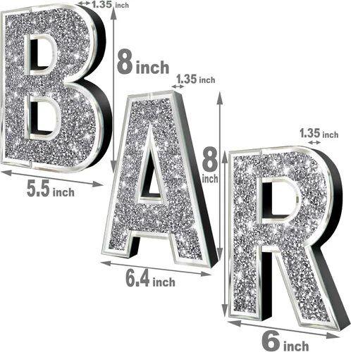 Vista 6 de ZOLAPI 3 piezas Letras Independientes BAR. Letras de Cristal Diamante Glamorosas. Vidrio Espejo Plateado Decoración del Hogar para Pared, Cocina