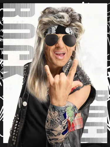 Vista 6 de Mepase Juego de 9 piezas de disfraz de rock de los años 80 para Halloween, peluca de tela con diadema de tela, guantes de manga para tatuaje, puños
