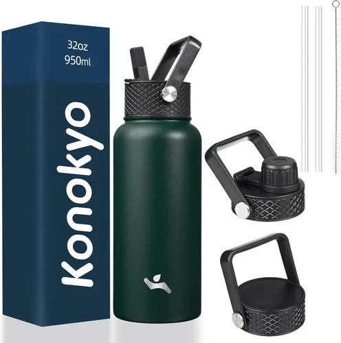 Vista 57 de Konokyo - Botella de agua aislada de 18 onzas, botellas deportivas de acero inoxidable con 3 tapas, verde militar