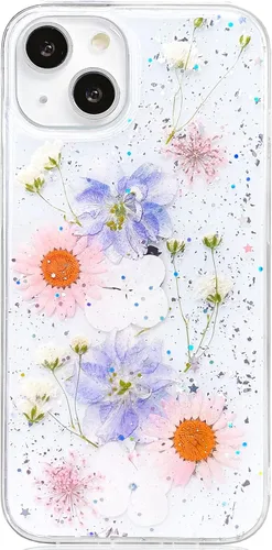 Vista 21 de Abbery Funda diseñada para iPhone 13 Pro con diseño de flores prensadas con purpurina y diseño de goma de silicona suave, diseño de flores reales