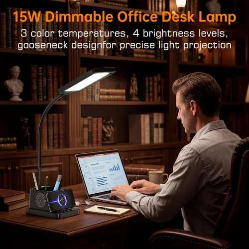 Vista 3 de Lámpara de escritorio LED Cozoo para hogar y oficina, lámpara de escritorio brillante de 15W con cargador inalámbrico y soporte para bolígrafos