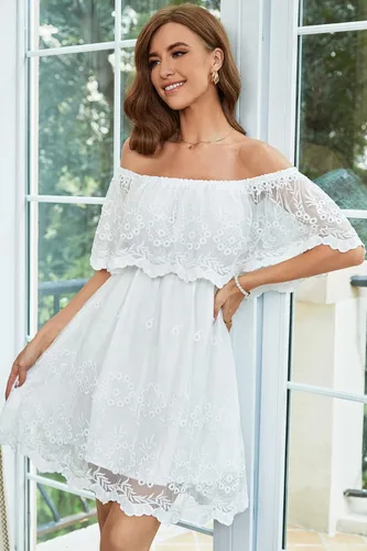 Vista 4 de HOYISHION Womens V-Neck Floral Embroidered Lace Mini Dress Bridesmaid Wedding Guest Cocktail Party Short Dresses