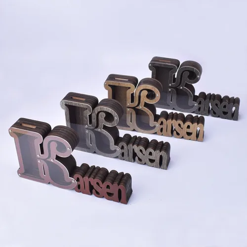 Vista 2 de Hucha de madera personalizada con nombre para niños y niñas, alcancías grandes, 26 letras del alfabeto inglés, letra A, caja de ahorro de dinero