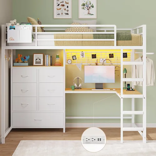 Vista 12 de DICTAC Cama alta individual con escritorio en forma de L y 7 cajones de almacenamiento, cama alta de metal tamaño individual para niños con luces