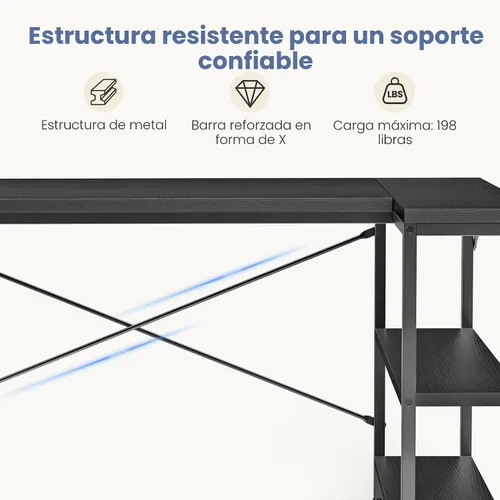 Vista 6 de DUMOS Escritorio esquinero para computadora en forma de L de 47 pulgadas, mesa de juegos para PC con estantes de almacenamiento reversibles, muebles