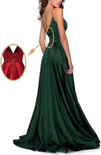 Vista 2 de Elegantes vestidos largos de baile para mujer, vestido de baile con abertura en V plisado, vestido formal con tren de satén, vestidos de noche