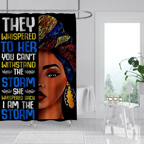 Vista 3 de Cortina de ducha de mujer africana, cortina de ducha de tela negra afroamericana, divertidas, citas inspiradoras, impermeable, decoración de baño