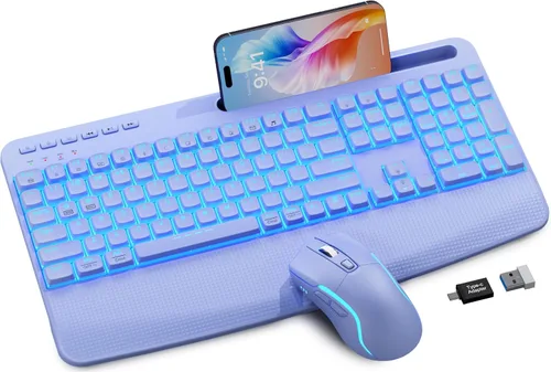 Vista 9 de SABLUTE KM25Pro - Combo de teclado inalámbrico y mouse, teclado ergonómico retroiluminado recargable con batería de 4000 mAh, reposamuñecas