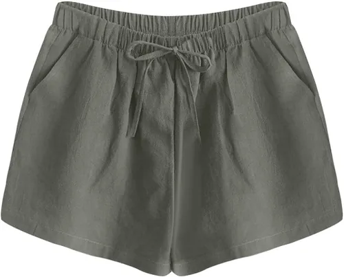 Vista 4 de YYNS Bermudas para mujer, pantalones cortos casuales de cintura alta, de lino, sueltos, delgados, de pierna ancha, pantalones cortos de lino