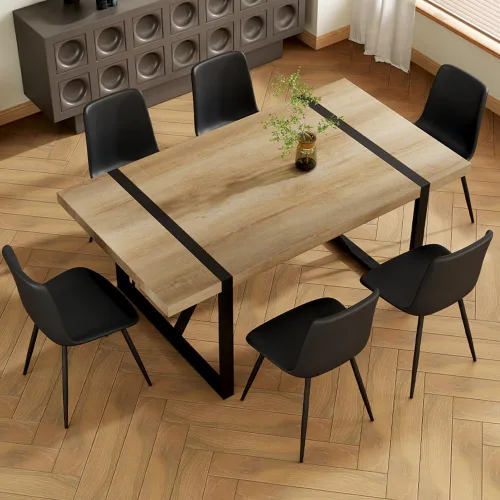 Vista 6 de Juego de mesa de comedor para 6, mesa de madera de 180 cm y juego de 6 sillas, adecuado para comedor, cocina, sala de estar