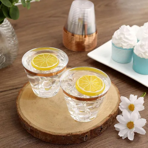Vista 7 de Efavormart - Juego de 12 vasos de plástico de oro rosa de 10 onzas, diseño de borde para decoración de boda