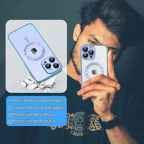 Vista 6 de Magsafe - Funda para iPhone 13 Pro, funda magnética transparente para teléfono con protector de pantalla y cubierta de cámara, funda galvanizada Azul