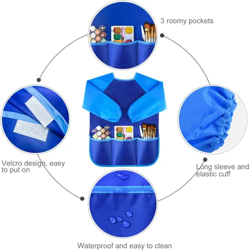 Vista 4 de KUUQA Delantales de arte para niños impermeables con 3 bolsillos espaciosos, suministros de pintura (pinturas y pinceles no incluidos)