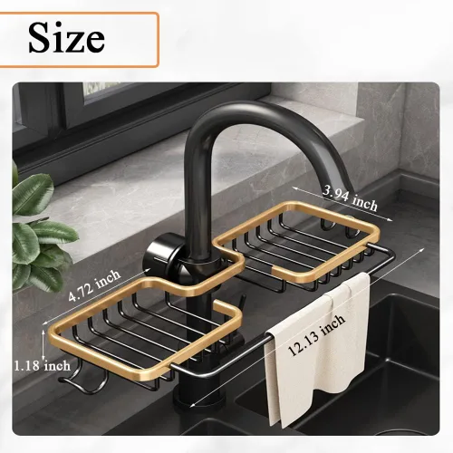 Vista 5 de Soporte de esponja para grifo, organizador para fregadero de cocina, bandeja colgante para drenaje de 1.8-2.8 cm de diámetro, organizador para Dorado