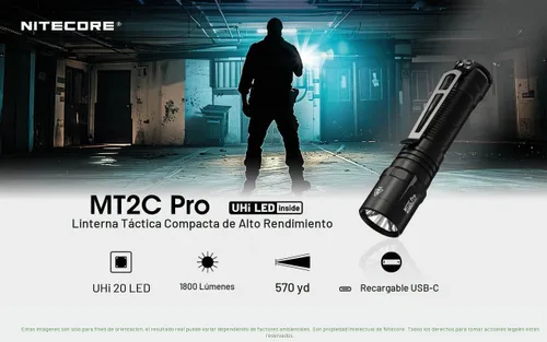 Vista 2 de Nitecore MT2C Pro - Linterna EDC de 1800 lúmenes, recargable USB-C, LED de alta eficiencia, larga duración, tiro largo, delgada, ligera