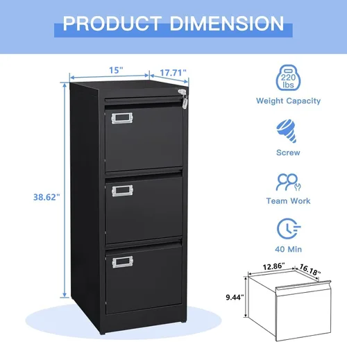 Vista 3 de Yizosh Archivador negro de 3 cajones con cerradura, archivadores para oficina en casa, gabinetes de almacenamiento de archivos de oficina