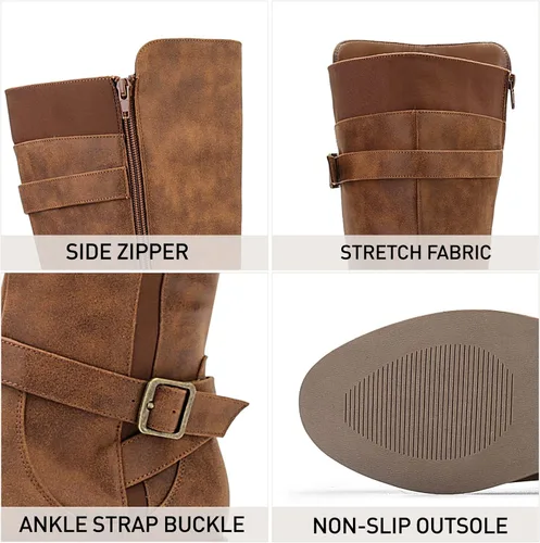 Vista 4 de ALLOT Botas altas hasta la rodilla para mujer, botas de equitación elásticas de moda, tacón bajo, correa de hebilla, zapatos de motocicleta