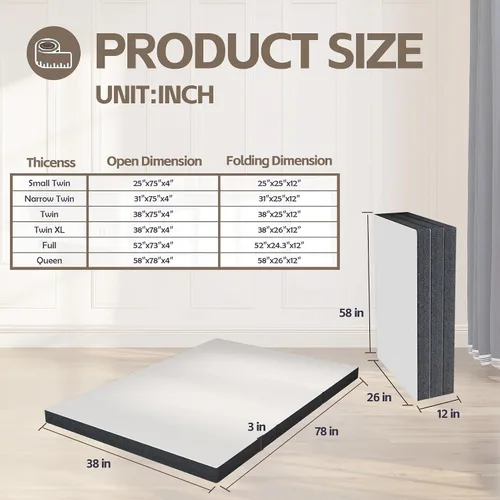 Vista 5 de Colchón plegable de 3 pulgadas, cubrecolchón de espuma viscoelástica de triple pliegue con funda lavable, cubrecolchón plegable portátil