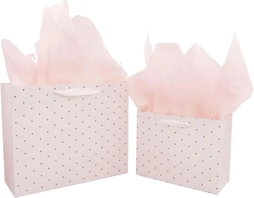 Vista 2 de Bolsas de regalo rosas con papel de seda y asas, bolsa de regalo de papel grande de 13 pulgadas y mediana de 9 pulgadas para niñas, despedidas
