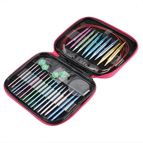 Vista 9 de Kit de agujas de tejer de aluminio, 13 pares de agujas de tejer circulares intercambiables con asas ergonómicas, agujas de ganchillo con estuche