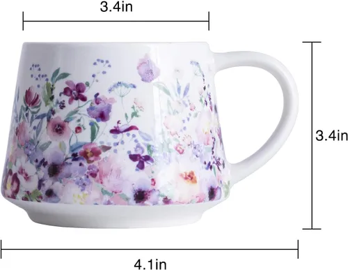 Vista 9 de Topadorn - Taza de café floral morada, taza de té de cerámica de 12 onzas con caja de regalo a juego, taza de flores silvestres de acuarela, apta