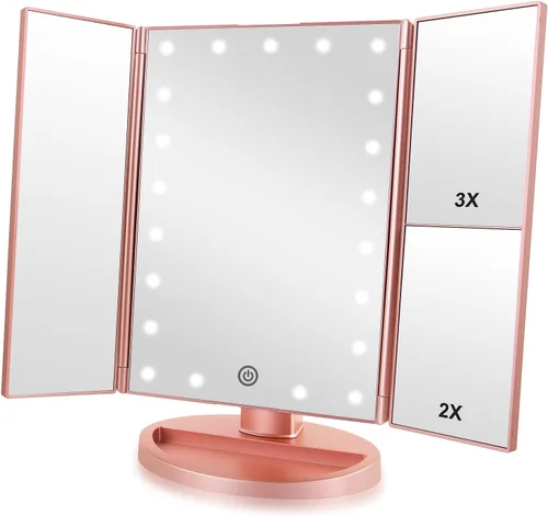 Vista 3 de Infitrans Espejo de Maquillaje Tríptico Espejo de Tocador con Luces, aumento 1X 2X 3X, pantalla táctil, rotación ajustable de 180°, espejo cosmético