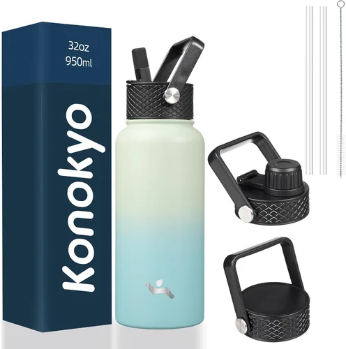 Vista 72 de Konokyo - Botella de agua aislada de 18 onzas, botellas deportivas de acero inoxidable con 3 tapas, verde militar