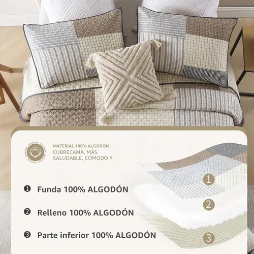 Vista 6 de Finlonte Colchas tamaño Queen 100% algodón, ligero y suave, edredón de retazos reales a cuadros, colcha acolchada, marrón, beige, gris, reversible