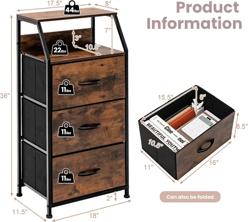 Vista 3 de LOKO Cómoda de 3 cajones, armario de almacenamiento industrial con cajones de tela y almohadillas ajustables, mesa auxiliar, mesita de noche